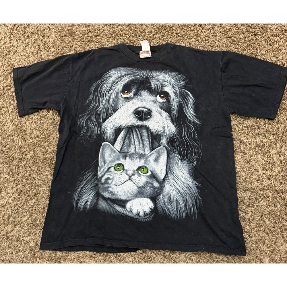 Vintage Y2K Michael Athletic Dept Dog And Cat T-Shirt Black Double Sided Sz XL